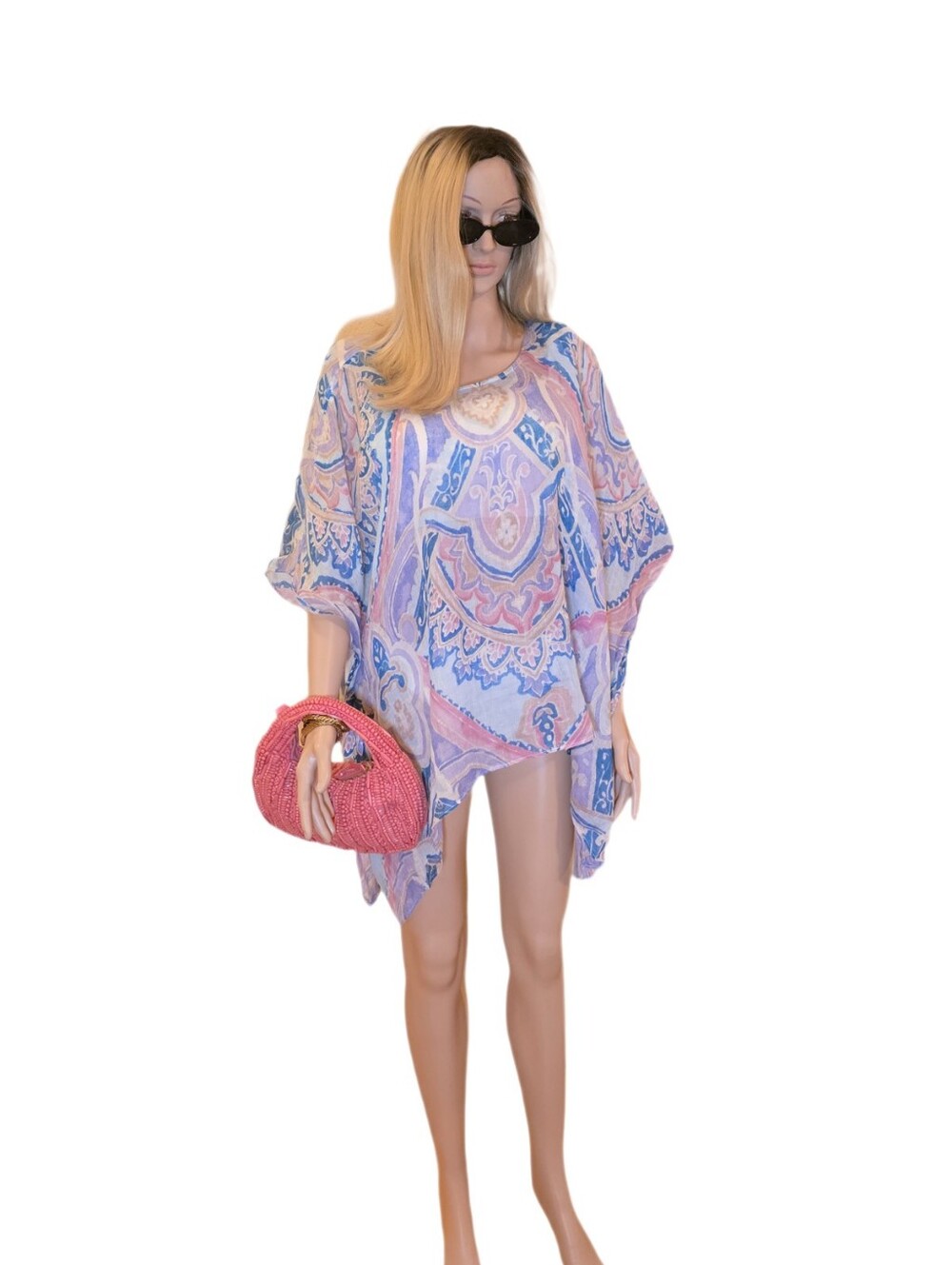 Chico's Pastel Linen Paisley Swim Coverup Tunic Blue and Pink